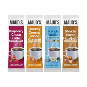 Four Maud's instant coffee varieties: Raspberry Choco Latté, Dreamy Creamy Salted Caramel, French Vanilla, and Maud's Sister Hazel(nut). All are medium roast.