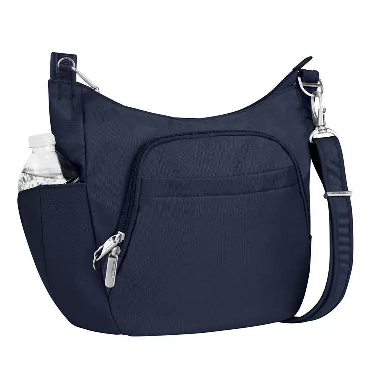 A navy blue crossbody bag with a water bottle pocket, zippered front pocket, and adjustable shoulder strap.