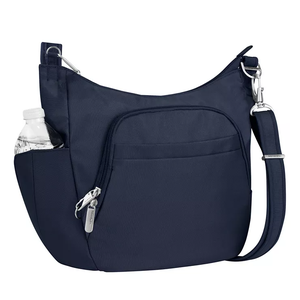 A navy blue crossbody bag with a water bottle pocket, zippered front pocket, and adjustable shoulder strap.