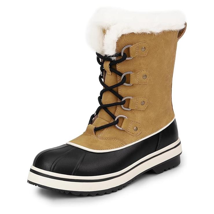 Women's winter boots with a suede tan upper, black rubber lower section, white fur trim, and black laces with metal eyelets. They feature a rugged sole for traction in snowy conditions.