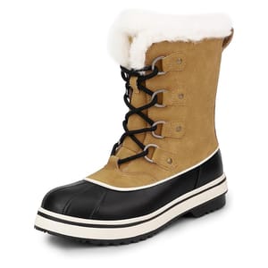 Women's winter boots with a suede tan upper, black rubber lower section, white fur trim, and black laces with metal eyelets. They feature a rugged sole for traction in snowy conditions.