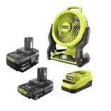A Ryobi portable fan with two 18V battery packs and a charger.