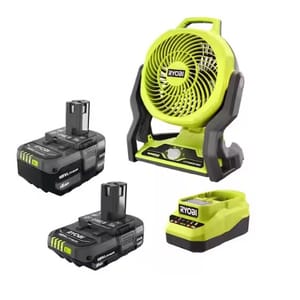 A Ryobi portable fan with two 18V battery packs and a charger.