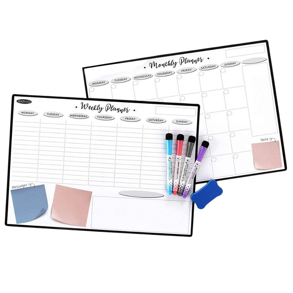 Weekly and monthly dry erase planners with four colored markers, an eraser, and sticky notes for organizing tasks and schedules.