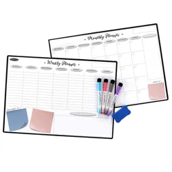 Weekly and monthly dry erase planners with four colored markers, an eraser, and sticky notes for organizing tasks and schedules.