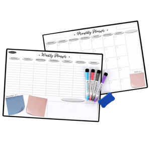 Weekly and monthly dry erase planners with four colored markers, an eraser, and sticky notes for organizing tasks and schedules.