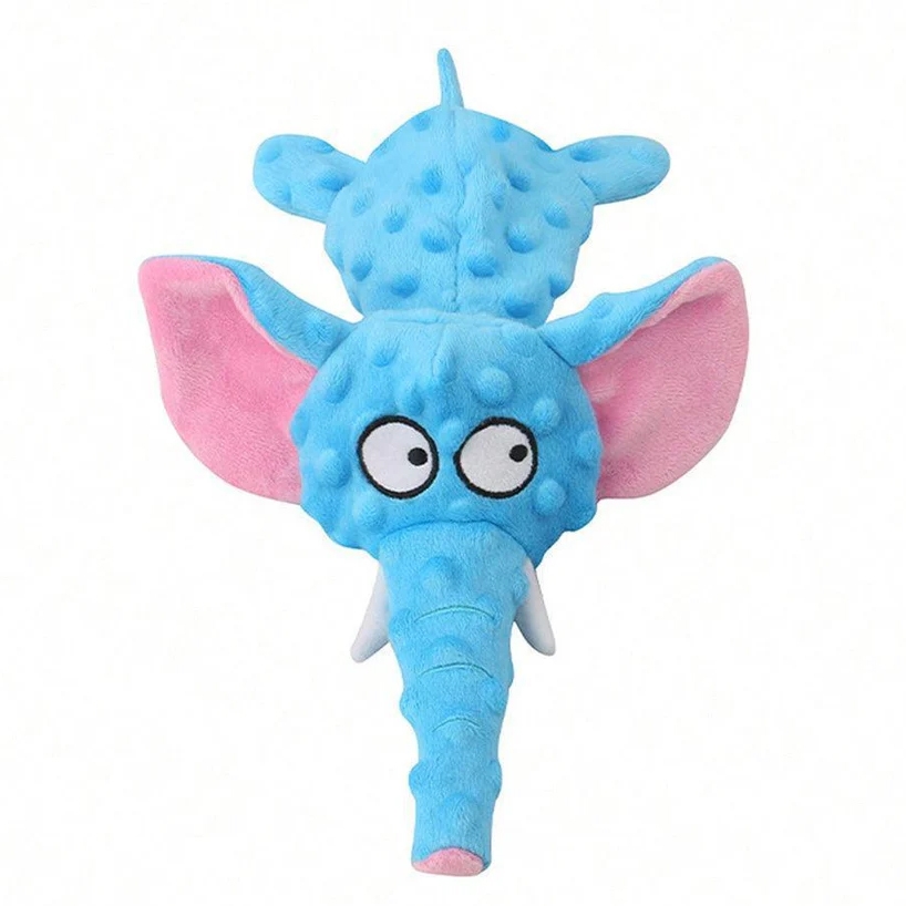 Blue plush elephant toy with textured fabric, featuring large pink ears and wide eyes.