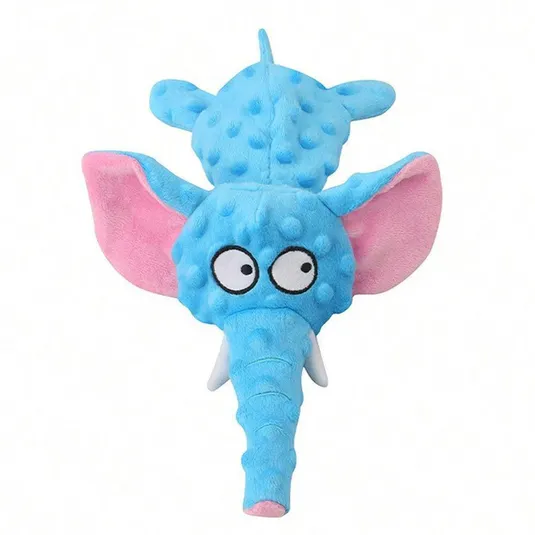 Blue plush elephant toy with textured fabric, featuring large pink ears and wide eyes.