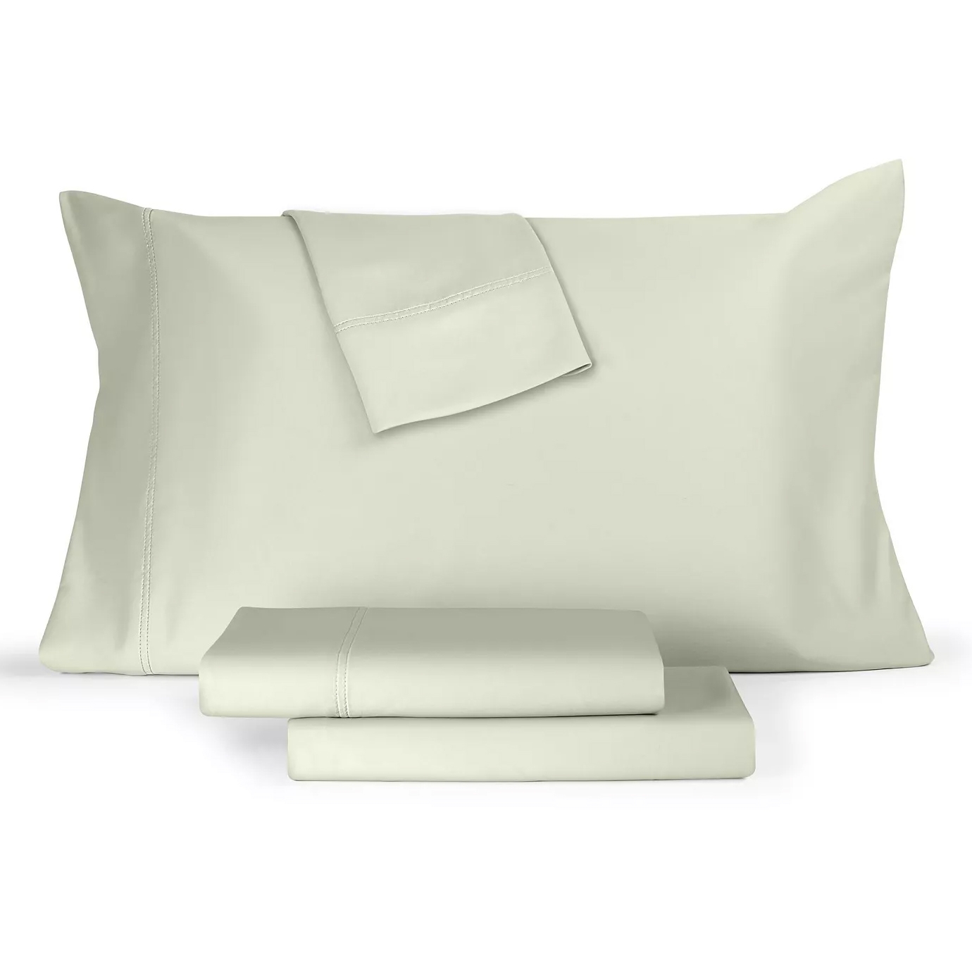 A light green sheet set including a pillowcase, a fitted sheet, and a flat sheet.