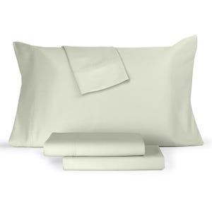 A light green sheet set including a pillowcase, a fitted sheet, and a flat sheet.