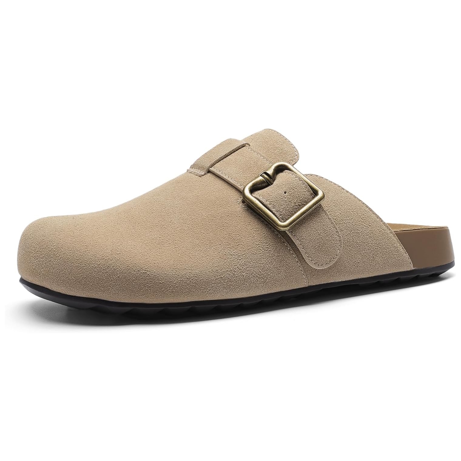 Tan suede slip-on clog with an adjustable brass buckle and a black rubber sole.