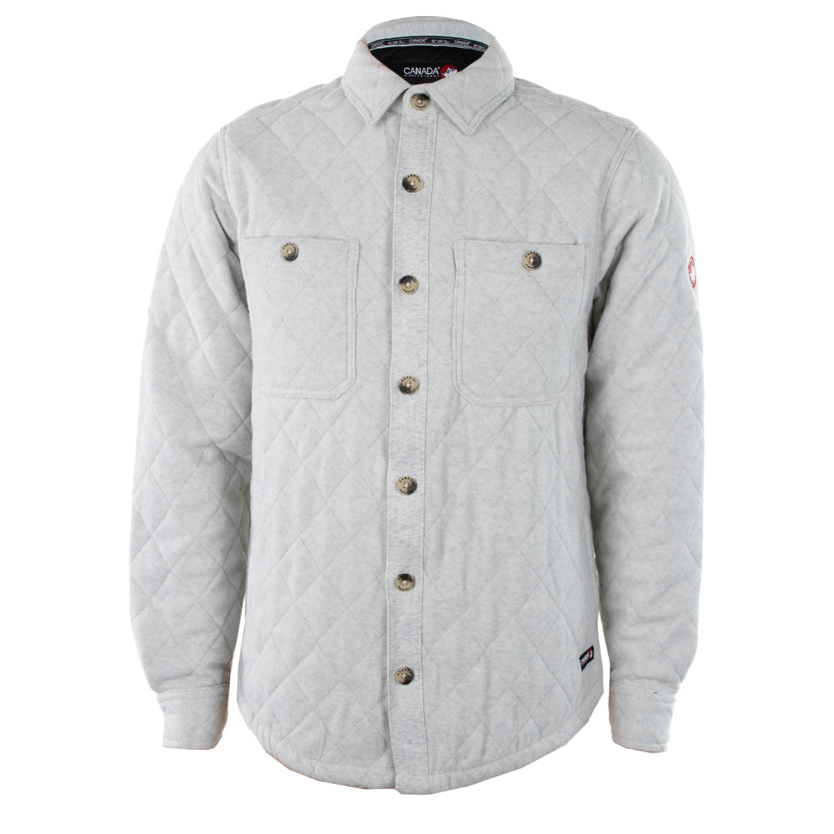 Gray quilted fleece shirt with a button-up front, two chest pockets, and a collared neckline.