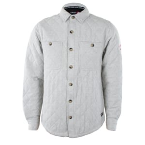 Gray quilted fleece shirt with a button-up front, two chest pockets, and a collared neckline.