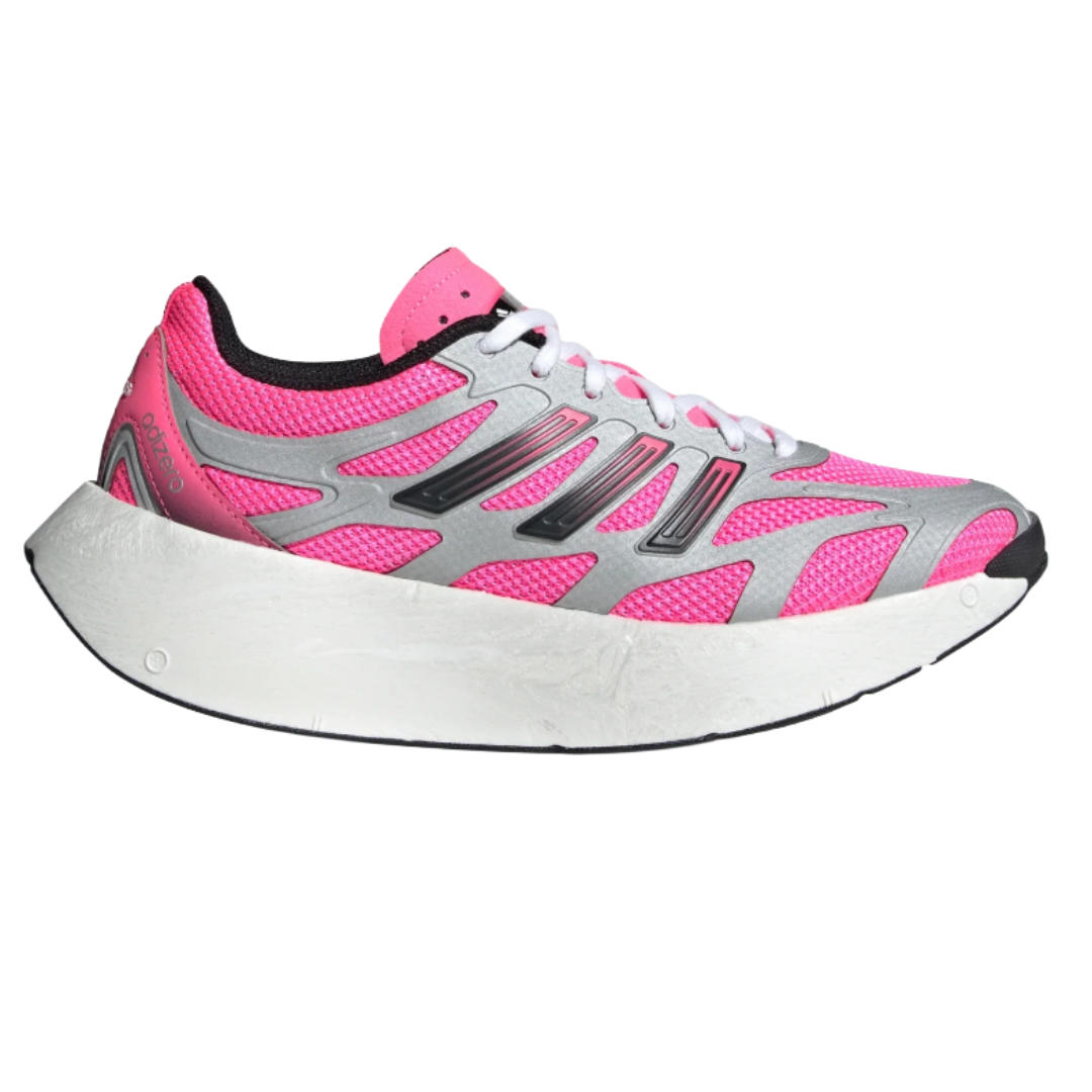 Pink athletic running shoe with silver and black accents, featuring a thick white sole and lace-up design.