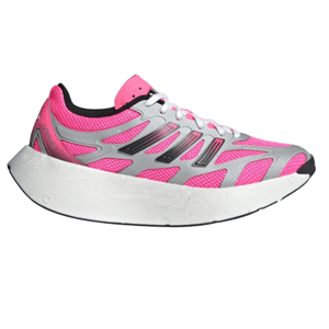 Pink athletic running shoe with silver and black accents, featuring a thick white sole and lace-up design.