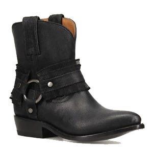 Black leather ankle boot with side straps, metallic rings, and a low heel.