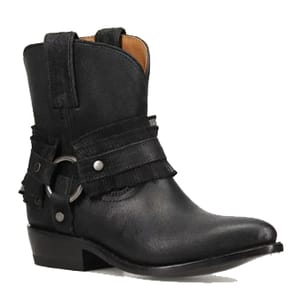 Black leather ankle boot with side straps, metallic rings, and a low heel.