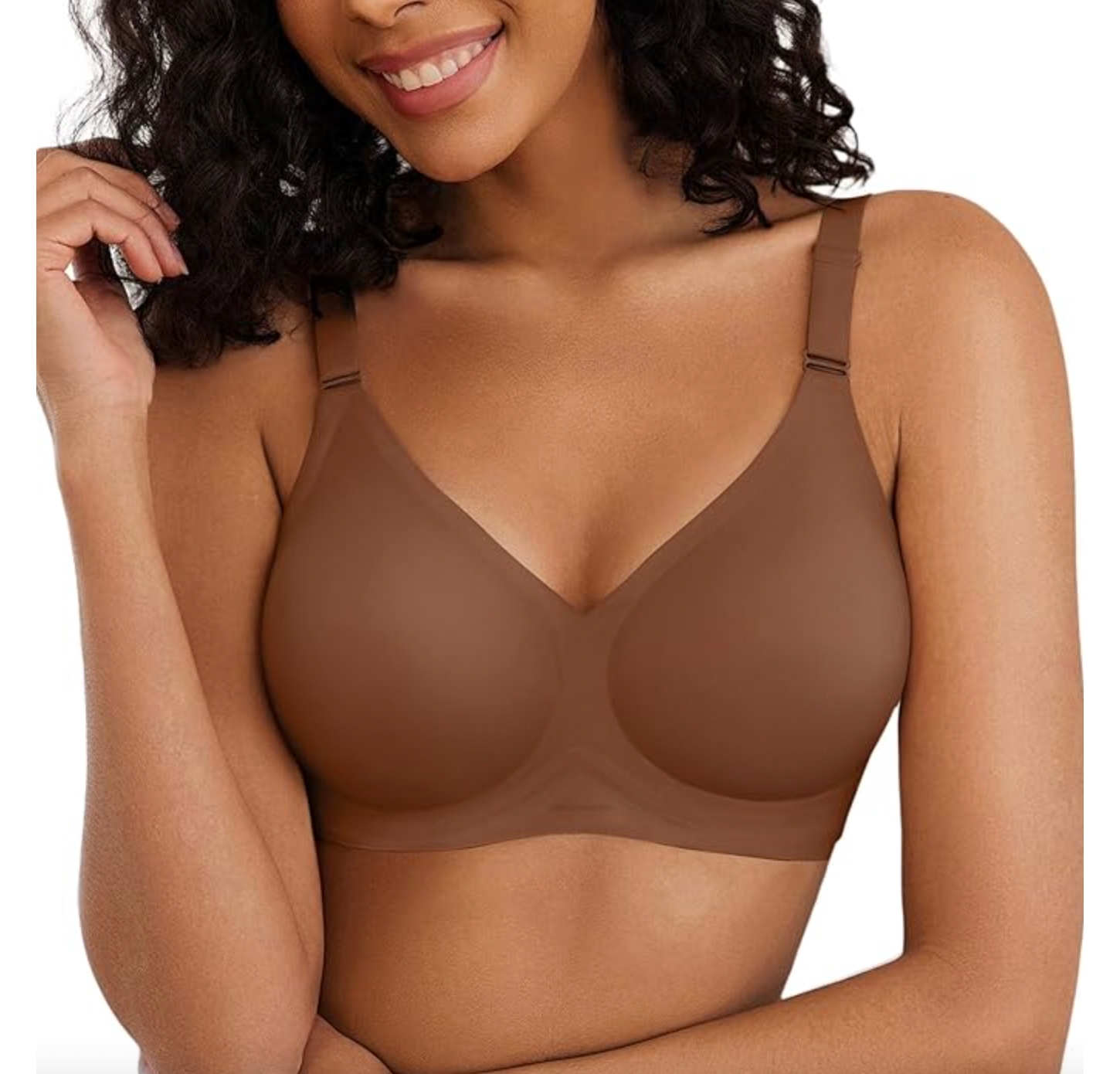 A brown, seamless wireless bra with adjustable straps, smooth cups, and a supportive design.