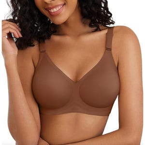 A brown, seamless wireless bra with adjustable straps, smooth cups, and a supportive design.