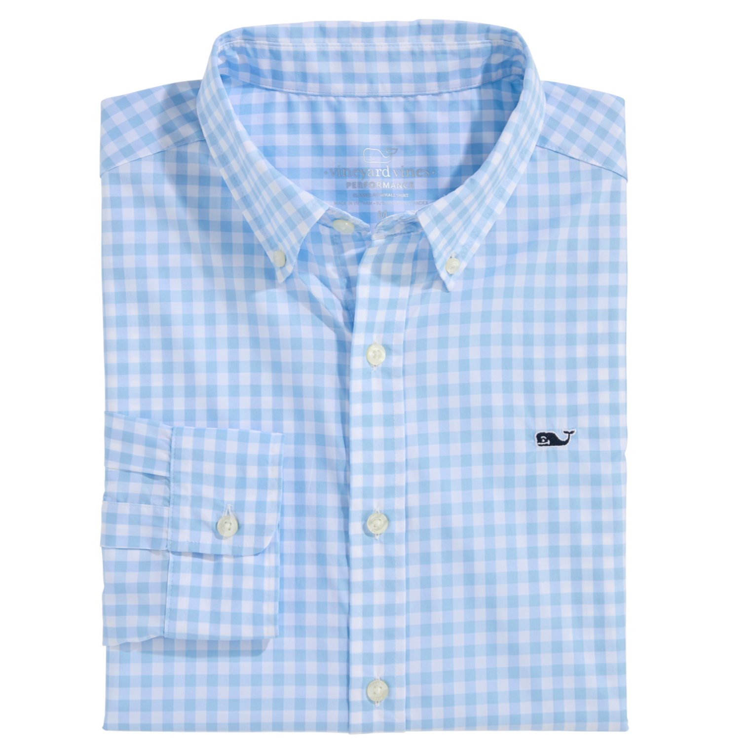 Light blue and white gingham button-down shirt with a small whale logo on the chest.