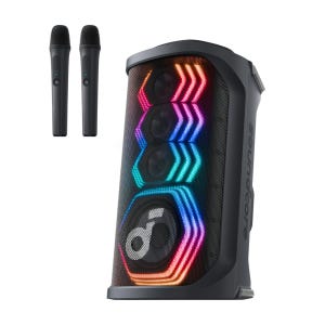 Soundcore Party Speaker with colorful LED lights and a black grille, accompanied by two wireless microphones. Ideal for events requiring mobile sound and visual effects.