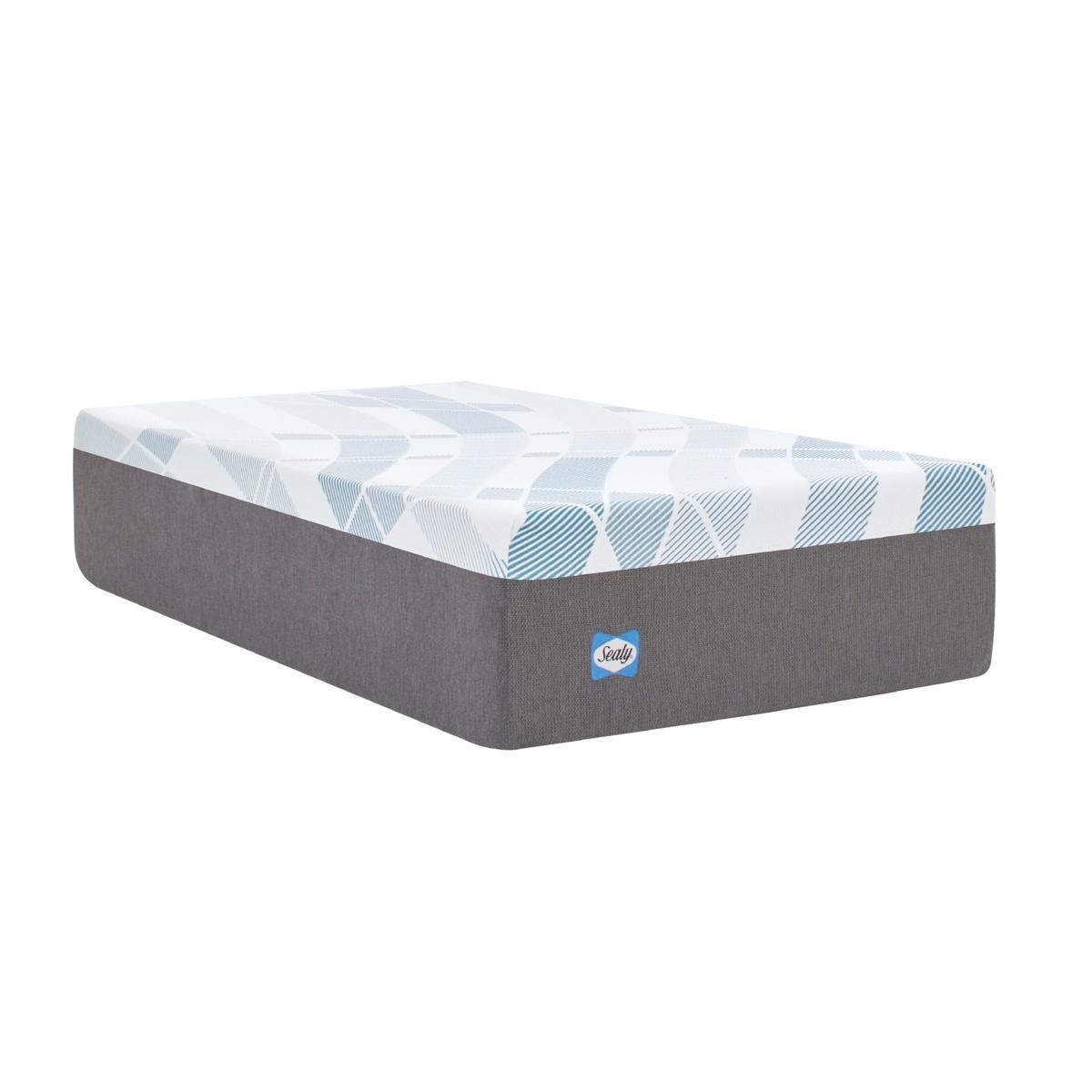 Sealy Hybrid Mattress with a patterned top and gray base, offering up to 40% off. Includes cooling technology and memory foam layers for comfort and support.