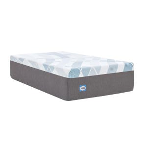 Sealy Hybrid Mattress with a patterned top and gray base, offering up to 40% off. Includes cooling technology and memory foam layers for comfort and support.