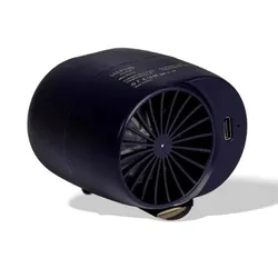 A portable, compact air fan with a USB charging port, featuring a cylindrical design with a fan grille on one end.