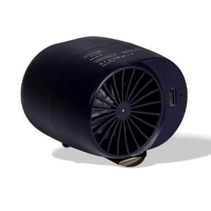 A portable, compact air fan with a USB charging port, featuring a cylindrical design with a fan grille on one end.