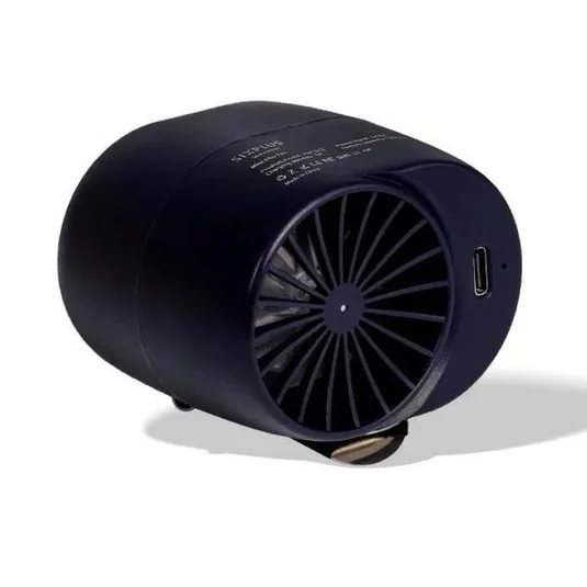 A portable, compact air fan with a USB charging port, featuring a cylindrical design with a fan grille on one end.