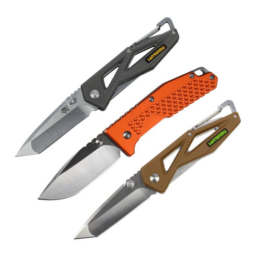 The 3-pack includes folding knives with carabiner handles in black, orange, and brown. Each knife has a stainless steel blade and distinct handle design, suitable for outdoor activities.