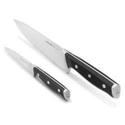 Two kitchen knives are shown: an 8-inch chef's knife and a 4.5-inch paring knife. They have stainless steel blades and black handles with rivets.