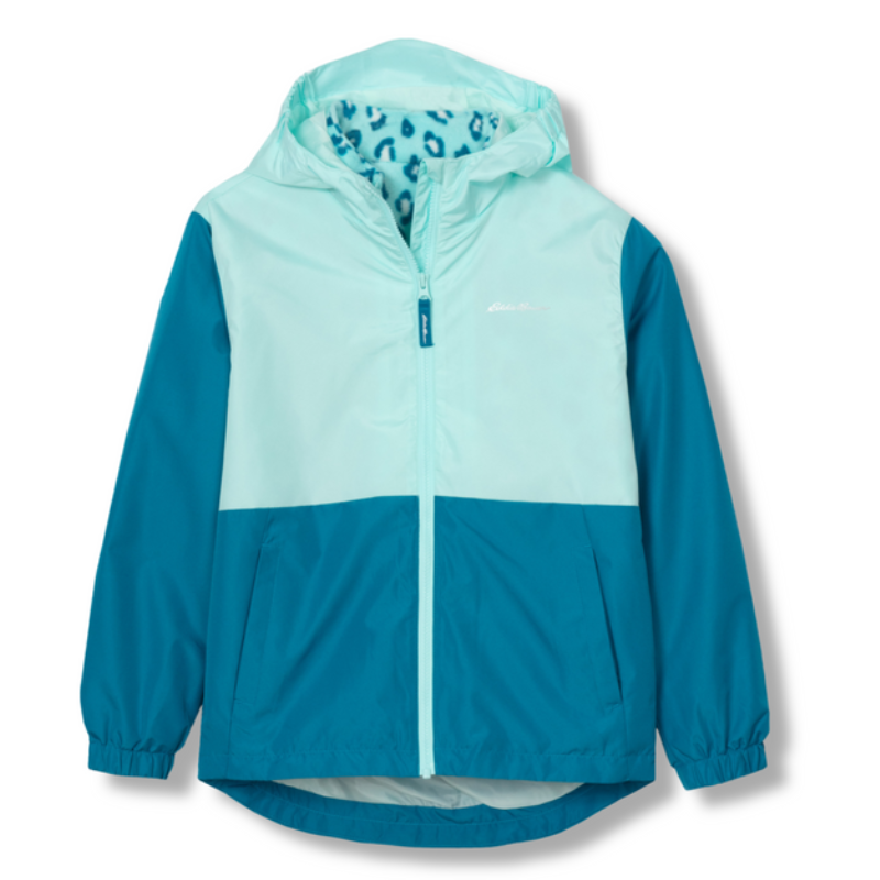 Girls Lone Peak 3-in-1 Jacket in teal features a two-tone design with a zip-up front, hood, and elastic cuffs. The interior has a soft, patterned lining for added warmth.