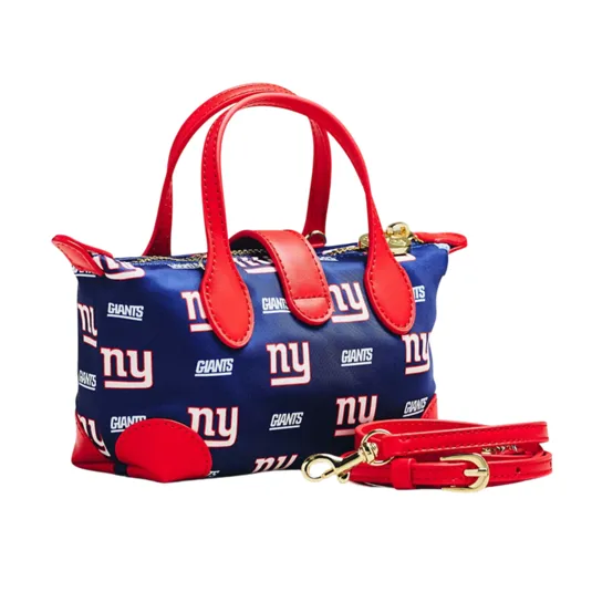 A small handbag with red handles and strap, featuring New York Giants logos on a blue background.