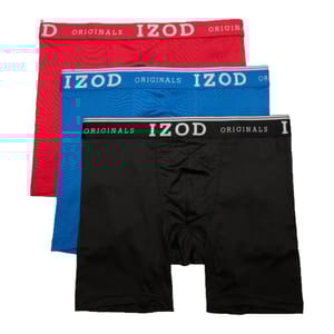 Three pairs of men's boxer briefs with the IZOD brand logo on the waistband in red, blue, and black.