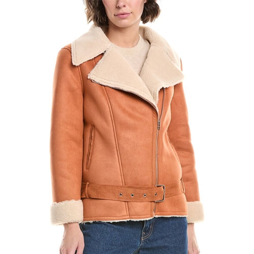 Tan suede jacket with a shearling collar and cuffs, featuring a belted waist and zip closure.