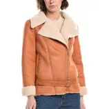 Tan suede jacket with a shearling collar and cuffs, featuring a belted waist and zip closure.