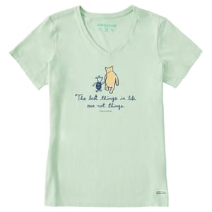 Pale green V-neck T-shirt featuring a graphic of two characters walking together and the phrase \“The best things in life are not things.\“ Marked with \“LIFE IS GOOD\“ branding.