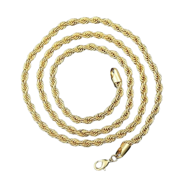 Gold rope chain necklace with a lobster clasp.