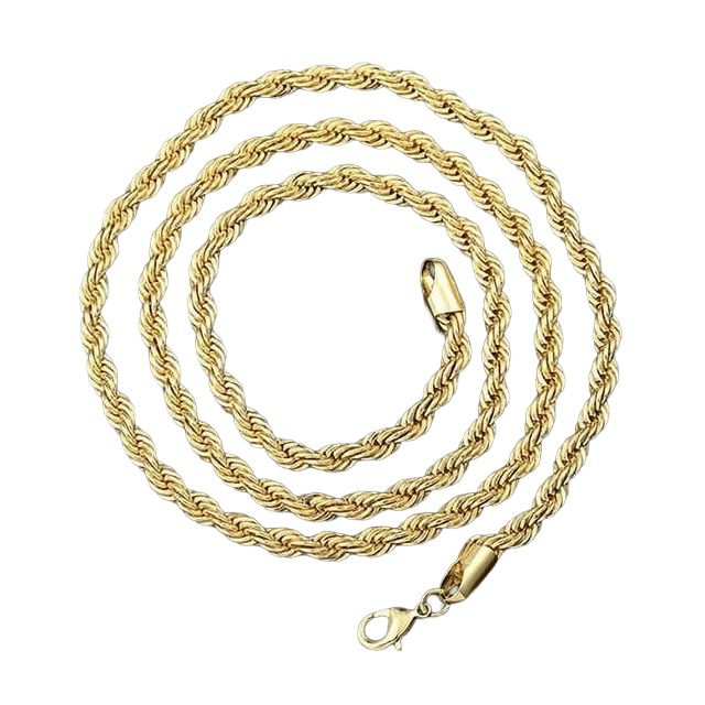 Gold rope chain necklace with a lobster clasp.
