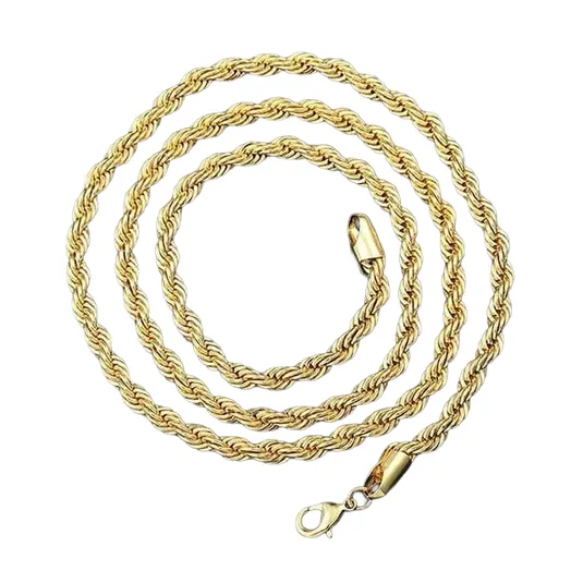 Gold rope chain necklace with a lobster clasp.