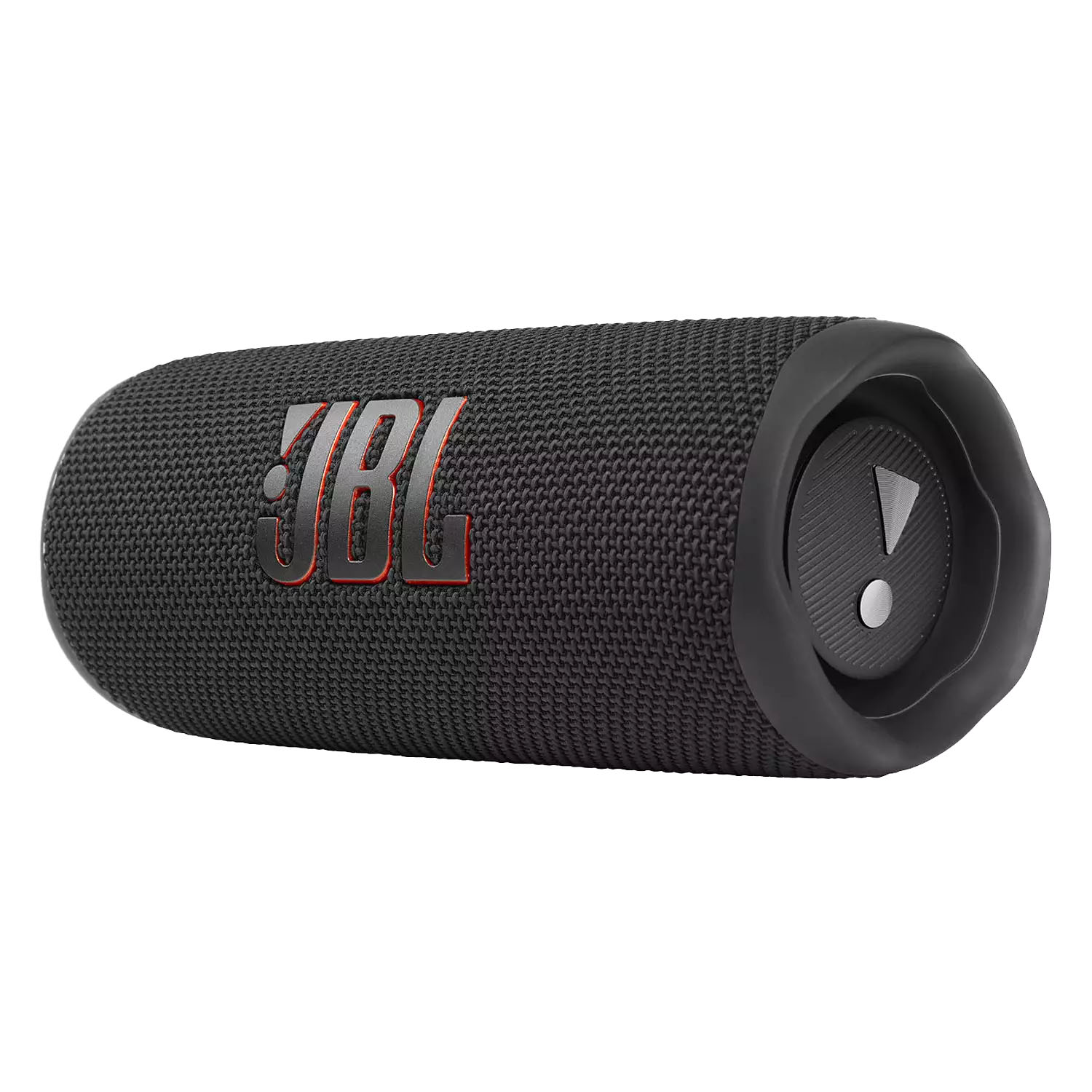 A black JBL portable Bluetooth speaker featuring a cylindrical design with a textured exterior and control button on the side.