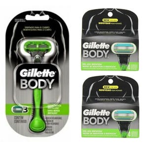 Gillette Body Razor set includes one razor handle and nine refills. Designed for men, it aims to reduce irritation while shaving.