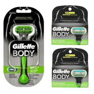 Gillette Body Razor set includes one razor handle and nine refills. Designed for men, it aims to reduce irritation while shaving.