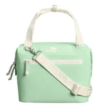 A mint green Stanley lunch cooler bag with a white adjustable shoulder strap and handles, featuring a front zipper pocket and a zippered closure on top.
