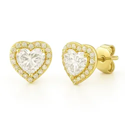 Heart-shaped diamond earrings set in gold, featuring a central heart diamond surrounded by smaller diamonds in a halo design.