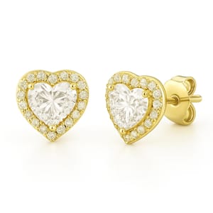 Heart-shaped diamond earrings set in gold, featuring a central heart diamond surrounded by smaller diamonds in a halo design.