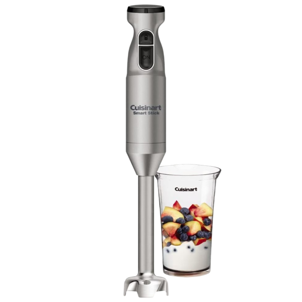 Cuisinart Smart Stick immersion blender alongside a measuring cup filled with yogurt, peaches, and blueberries.