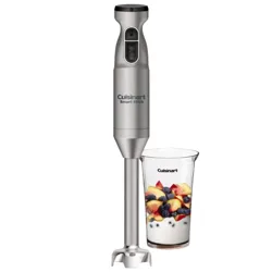 Cuisinart Smart Stick immersion blender alongside a measuring cup filled with yogurt, peaches, and blueberries.