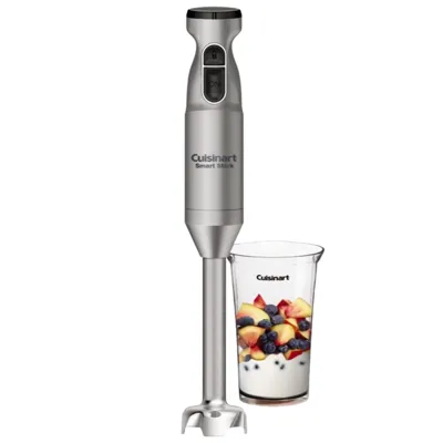 Cuisinart Smart Stick immersion blender alongside a measuring cup filled with yogurt, peaches, and blueberries.